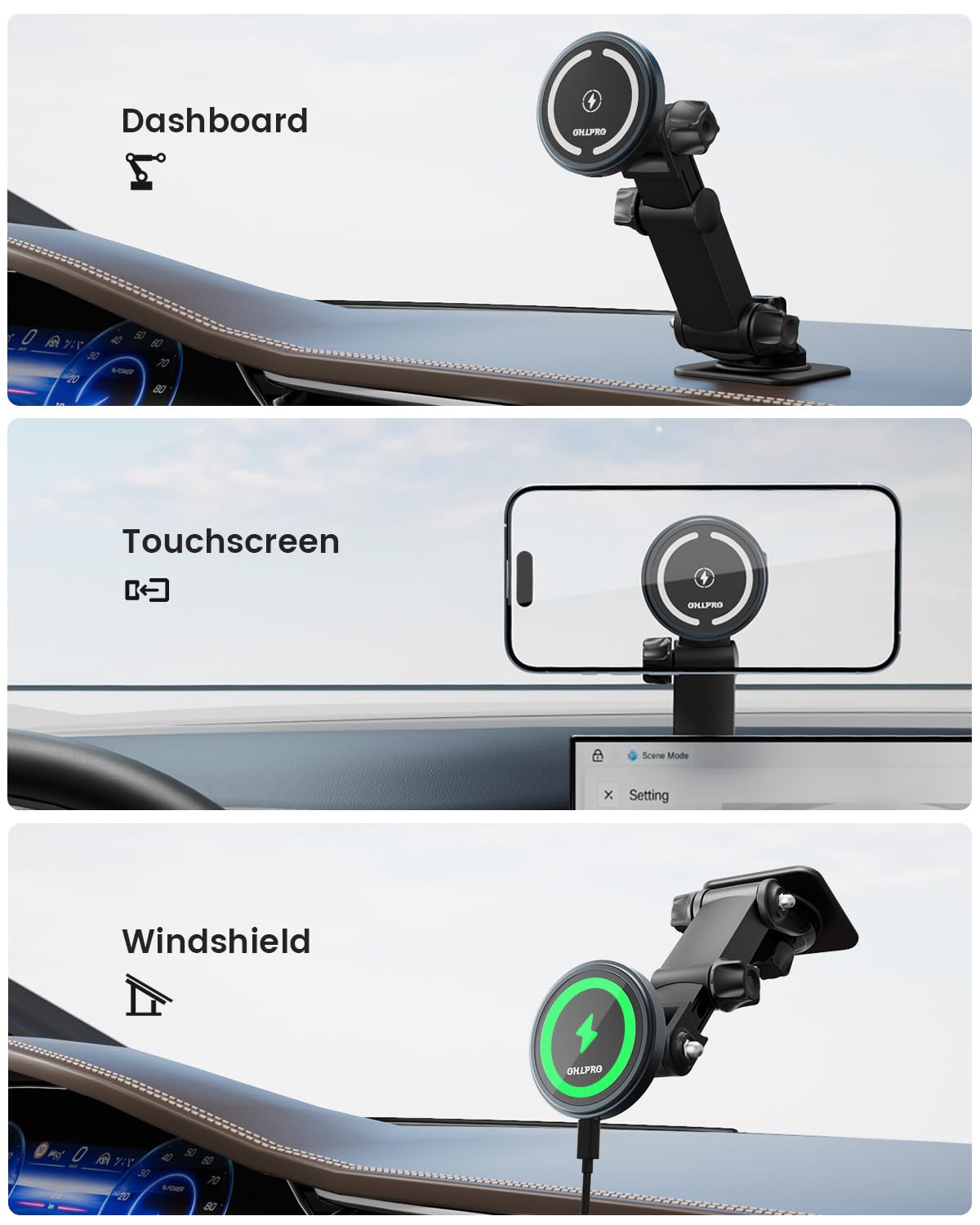 Ohlpro For Magsafe Car Charger Mount For Iphone 16 15 14 13 Pro Max, 15W Fast Charging Phone Holder, Magnetic Car Accessories, 3